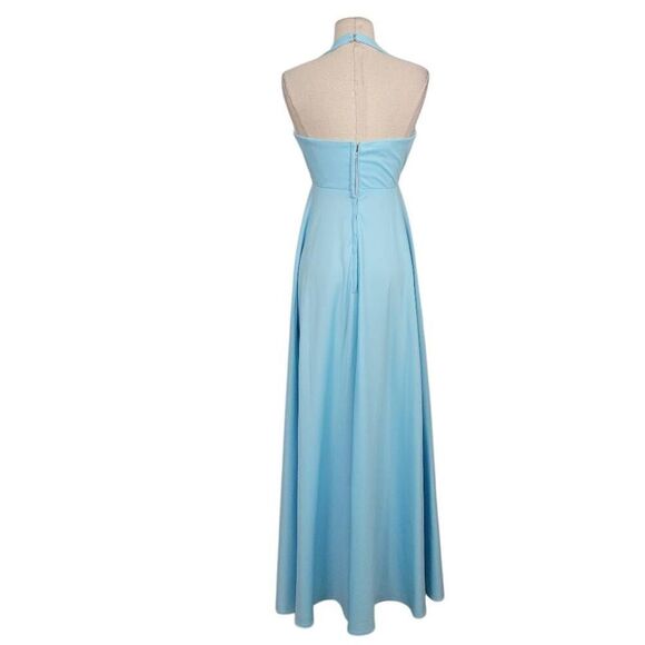 Vtg 1970s Pastel Baby Blue Maxi Gown Dress Sz XXS Halter Neck Open Back Wedding - Picture 3 of 8